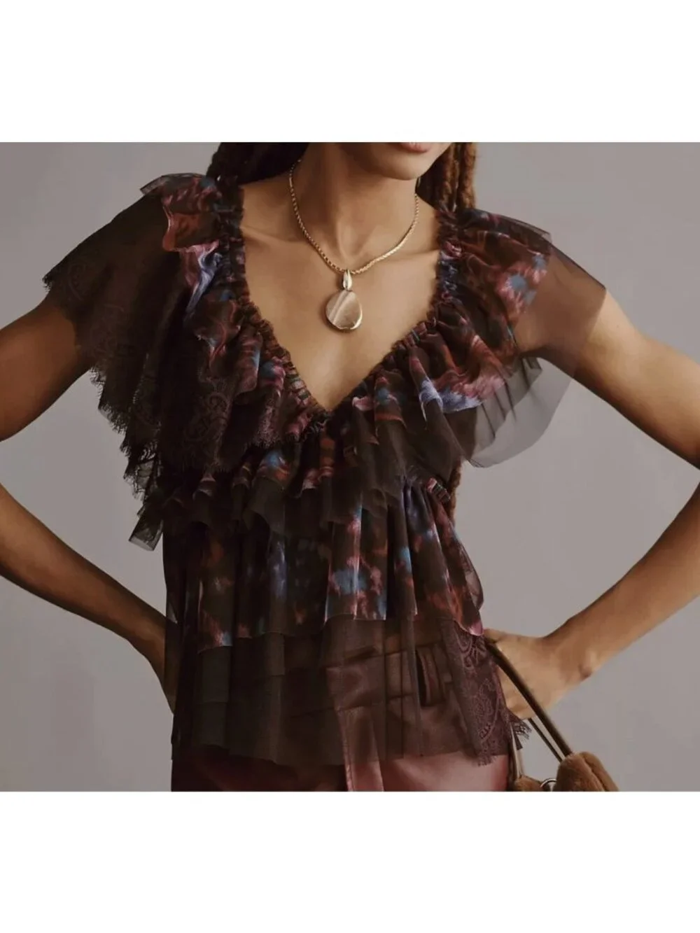 BY ANTHROPOLOGIE Womens Purple Abstract Tulle Ruffle Tie Back Top NWT Small - Picture 1 of 8
